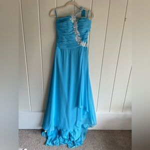 Aqua Blue Beaded One-Shoulder Formal Gown Flowing Prom Homecoming Evening Dress